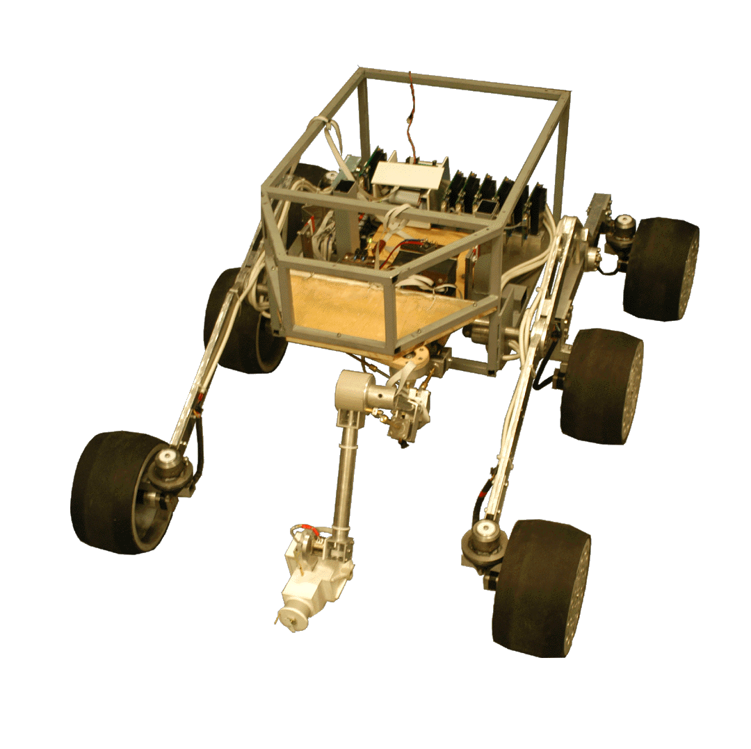 Model MERu -
Koncem roku 2003 byla vyrobena replika šestikolového podvozku použitého pøi konstrukci Mars Exploration Rover (MER). Tento podvozek byl použit ke zkouškám vlastního øídícího systému urèeného do terénu. Pozdìji byl podvozek zakapotován jako skuteèný MER.
